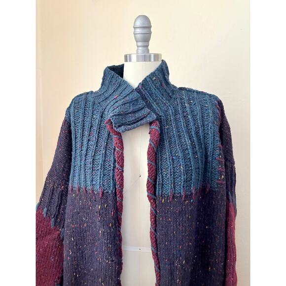 VTG Colorblock Knit Cardigan Wool Blend Open Front Pockets Boho Oversized L/XL - Picture 2 of 5